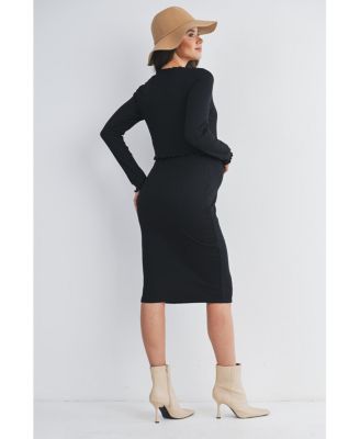 Maternity Long Sleeve Round Neck Ribbed Nursing Friendly Dress