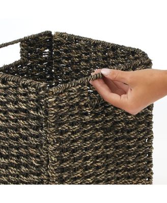Seagrass Woven Cube Bin Basket Organizer, Handles, 6 Pack, Black Wash