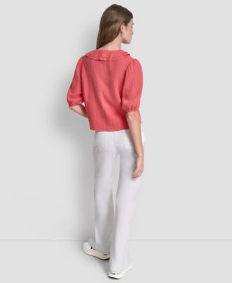 Women's V-Neck Short Puff Sleeve Tie-Front Shirt