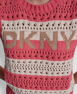 Women's Crew Neck Striped Pointelle Stitch Sweater