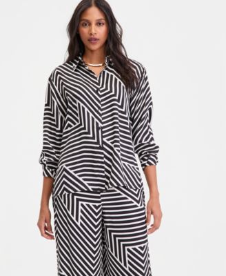 Women's Long-Sleeve Printed Button-Front Collared Shirt