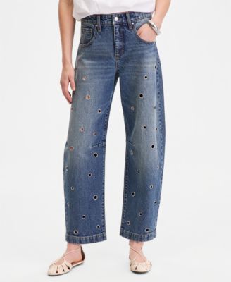 Women's High-Rise Grommet Barrel-Leg Jeans