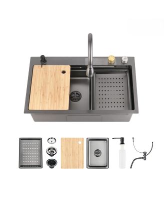 30x22inch Black Waterfall Kitchen Sink Stainless Steel Single Bowl Workstation SSBL12 with Flying rain Faucet Cutting Board