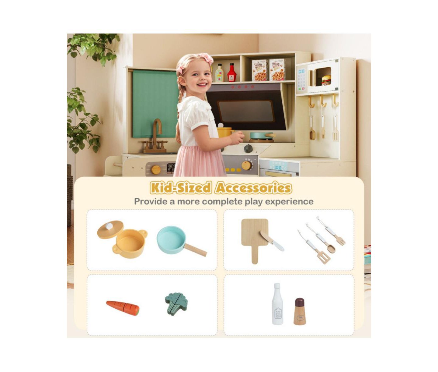 Детская игрушка HONGGE Interactive Wooden Corner Play Kitchen, Ages 3+, цвет: Бежевый / Хаки — фото 10