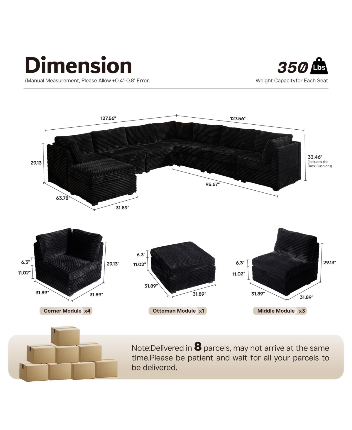 Xizzi Modular Sectional Sofa Couch, 8-Piece L-Shaped Deep Seat Cloud Couch with Chaise Ottoman, Comfy Corduroy Couches for Living Room