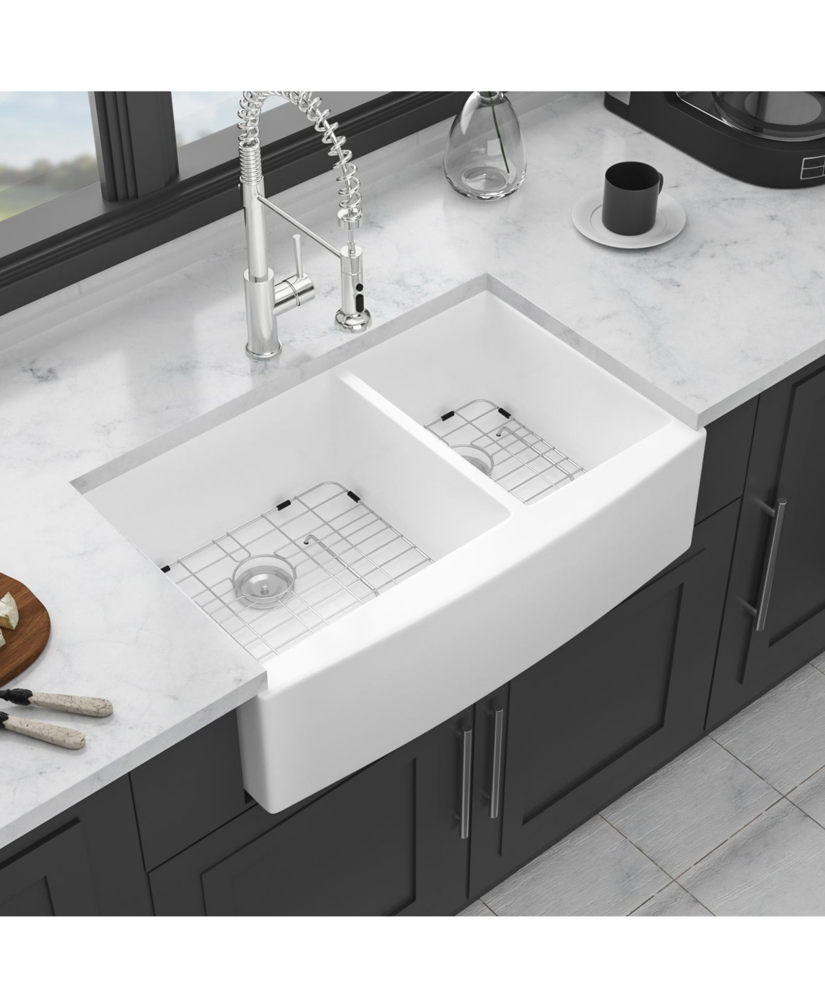 flynama White Ceramic Porcelain 6040 Double Bowl Farmhouse Kitchen Sink with Stainless Steel Accessories