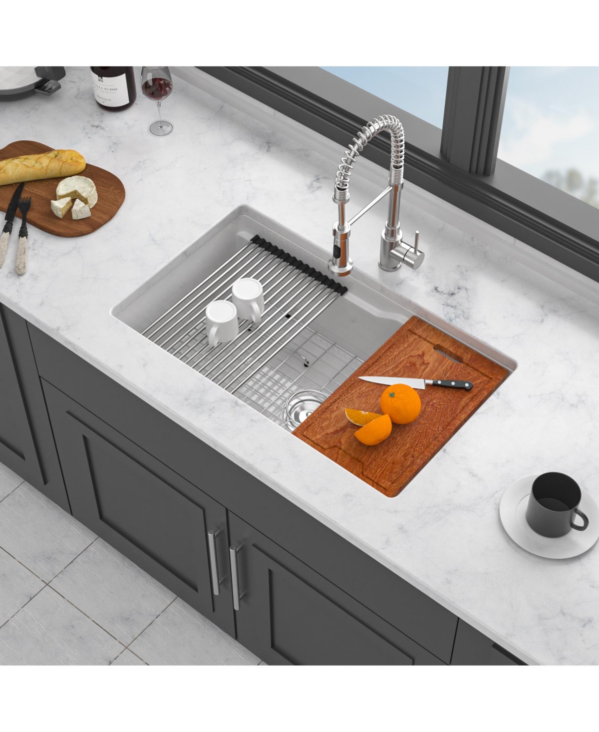 flynama Undermount Workstation Single Bowl Porcelain Fireclay Kitchen Sink Dual Mount White Rectangular Deep Basin