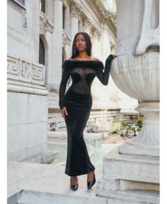 Women's Alexis Black Animal Print Fur Boatneck Maxi Dress