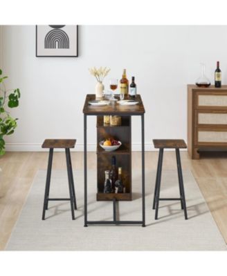 Bar Table and 2 Chairs Set, 3 Piece Dining Table Set with 3 Tier Storage Shelves, Wood Counter Height Bar Table and Stools Set