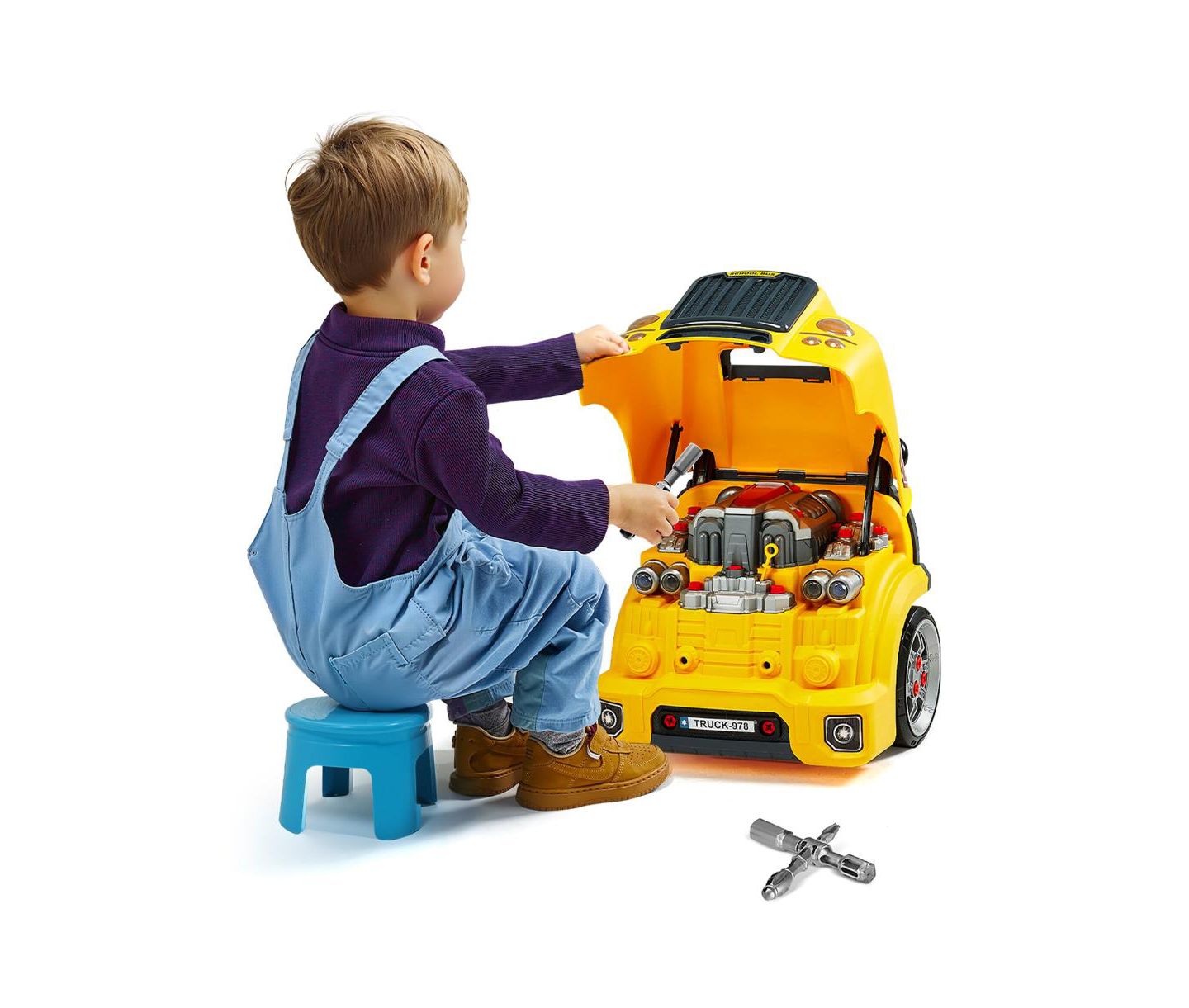 Детский игровой набор Slickblue Mechanic Car Repair 60-Piece Playset with Lights, Sounds, Steering Wheel and Horn, от 3 лет, цвет: Жёлтый — фото 1