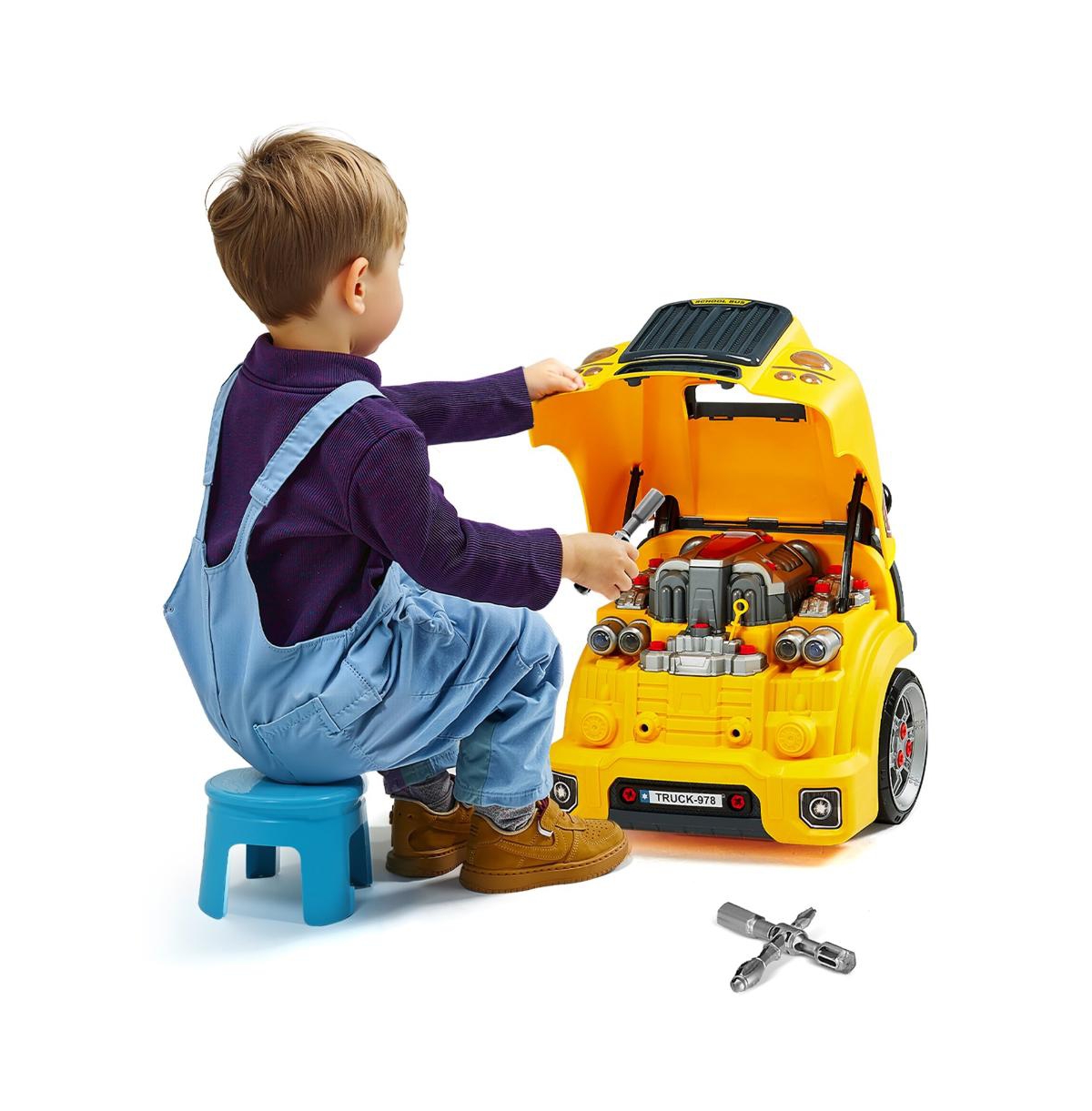 Slickblue Engine Toy, 60 Pieces, Kids Mechanic Car Repair Set with Removable Parts, Lights and Sounds, Steering Wheel and Horn