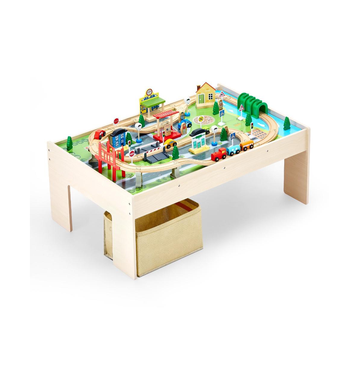 Slickblue Train Table, 84 Multicolor Pieces Wooden Kids Activity Table with Collapsible Storage Bin