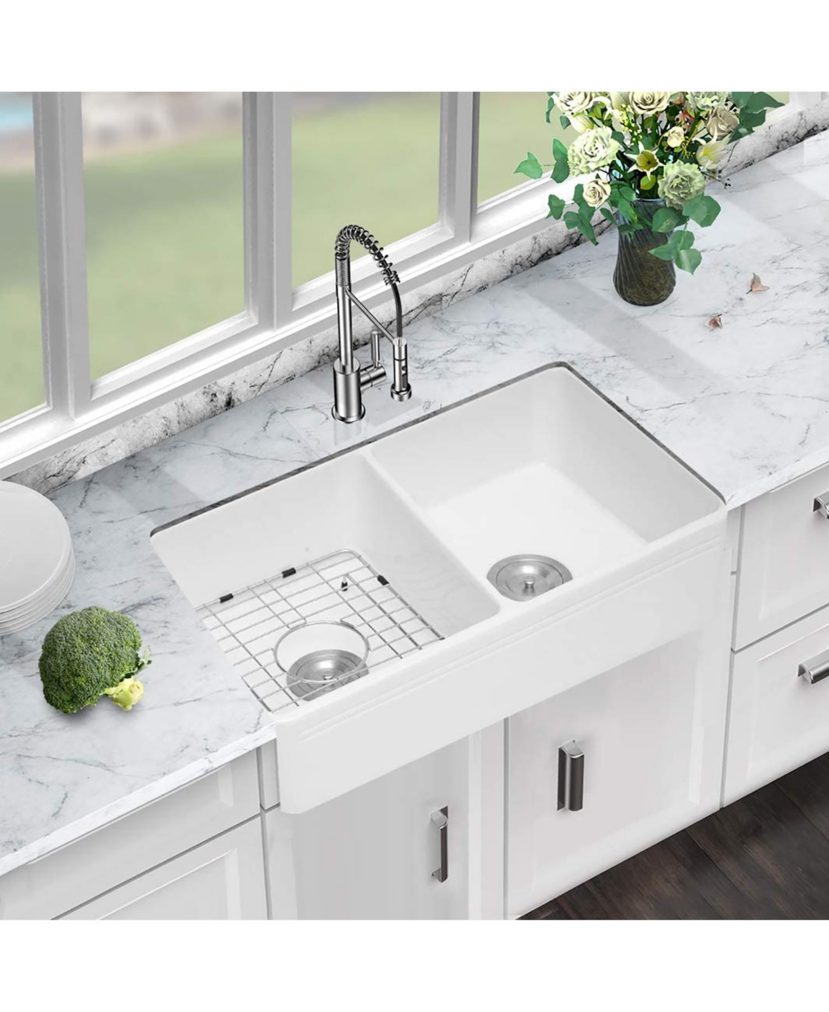 flynama 33x18x10inch Ceramic White Farmhouse Kitchen Sink Rectangular Double Basin Vessel Sink
