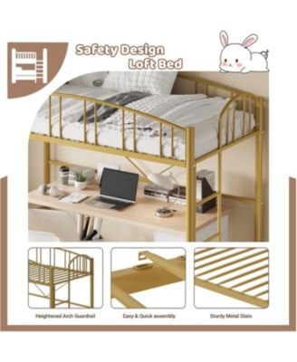 Loft Bed Twin Size with Ladder and High-Arched Guardrail, Sturdy Metal Slats, Space-Saving Design, Modern Decor Style