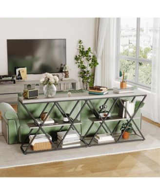 Industrial 3-Tier Entryway Table with X-Shaped Metal- Warm Rustic Vintage Wood Tone, Double X Metal Frames with 2 Shelves, Versatile for Living