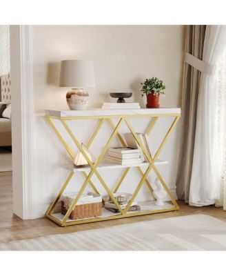 Industrial 3-Tier Entryway Table with X-Shaped Metal- Warm Rustic Vintage Wood Tone, Double X Metal Frames with 2 Shelves