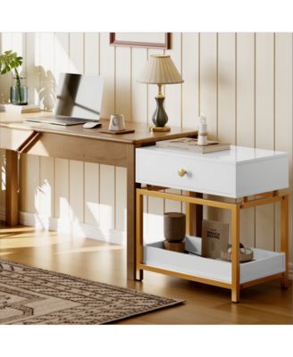 Modern Nightstand End Table with Drawer and Open Shelf, 2 Tiers Sofa Side Table for Living Room, Bedroom