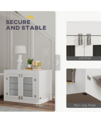 Dog Crate Furniture with 360° Rotatable Removable Dog Bowls in White