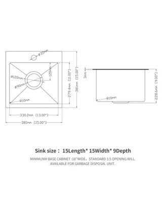 15x15x9inch Gunmetal Black Kitchen Sink Drop In Stainless Steel 16 Gauge Deep Single Bowl