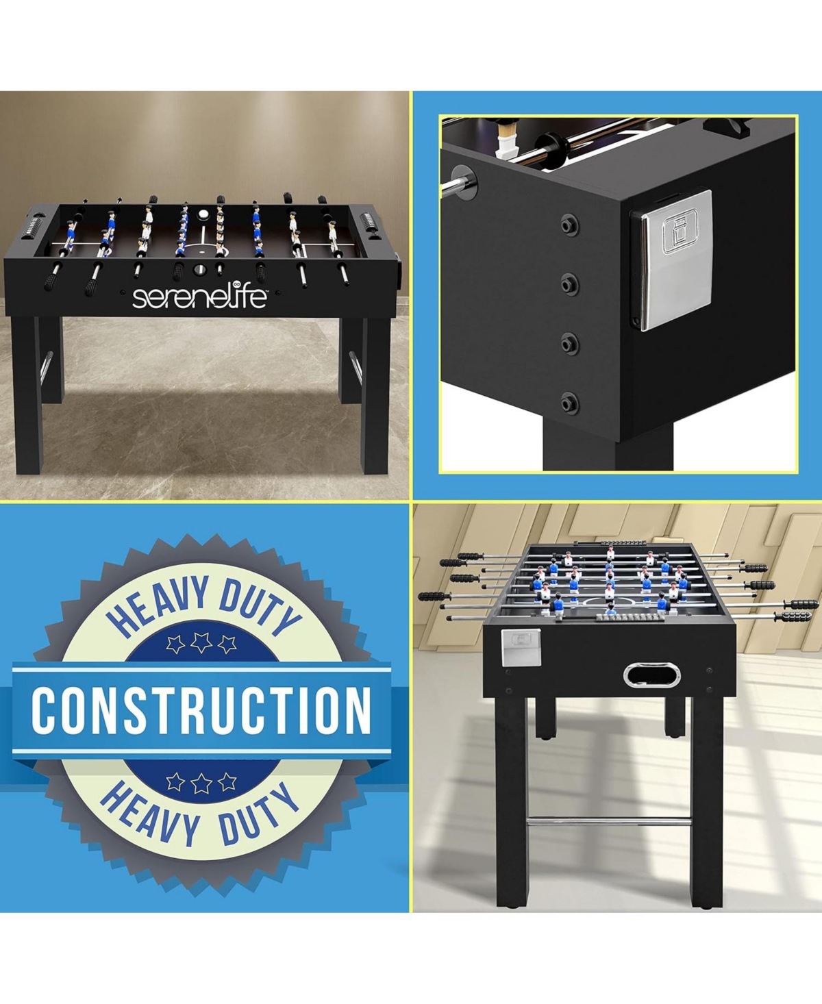 SereneLife 48” Competition Foosball Table – Height Adjustable Arcade Soccer Game with Cup Holders & 2 Balls for Home