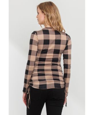 Maternity Plaid Side Ruched Long Sleeve Top