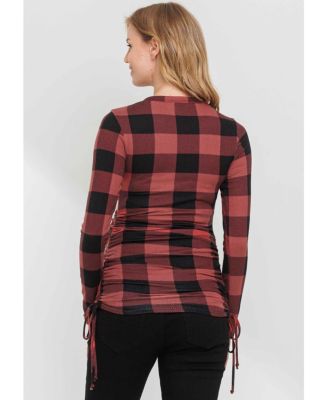 Maternity Plaid Side Ruched Long Sleeve Top