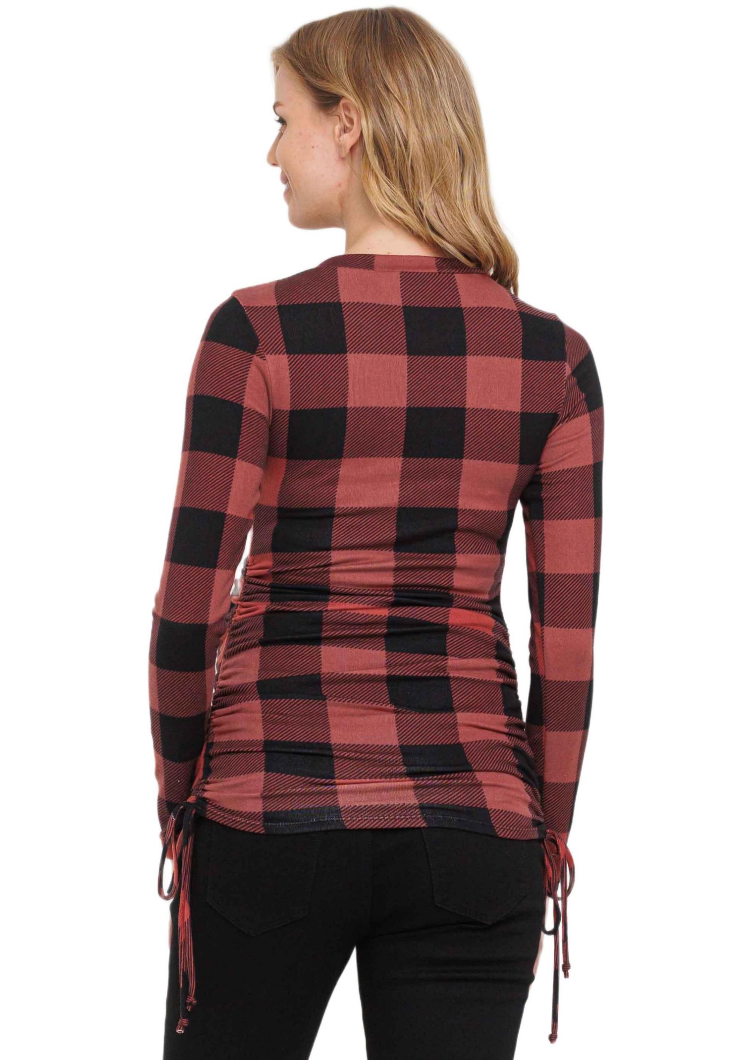 Maternity Plaid Side Ruched Long Sleeve Top
