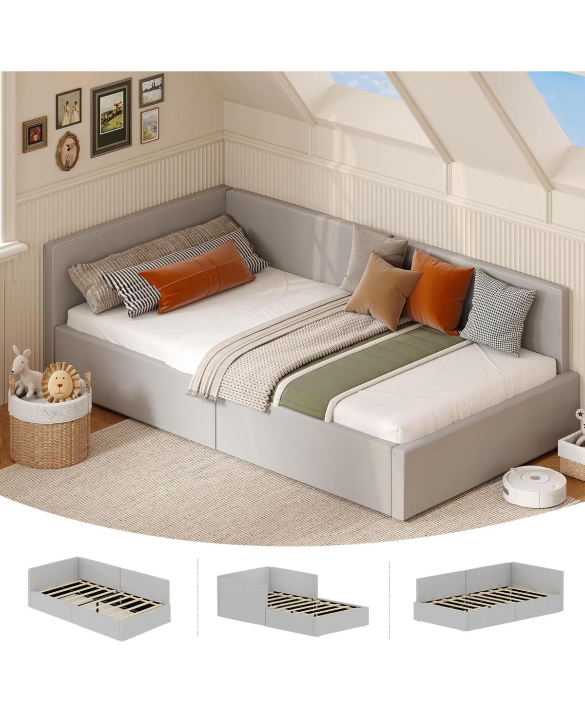 gaomon Twin Velvet Daybed with Headboard, Corner Sofa Bed Frame with Guardrails, Upholstered Bed for Bedroom