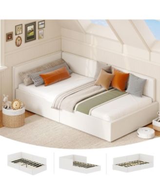 Twin Velvet Daybed with Headboard, Corner Sofa Bed Frame with Guardrails, Upholstered Bed for Bedroom