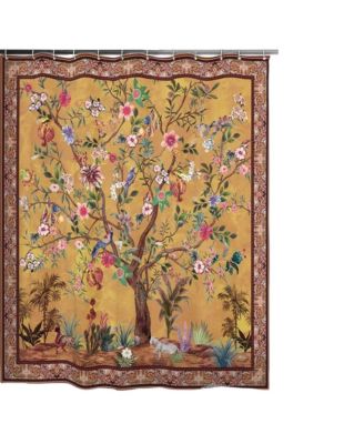 72-inch Brown Red Orange Green Floral Tree Birds Plants Flowers Shower Curtain