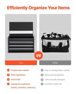 Metal Tool Box, 8.6", 3-Drawer Portable Tool Chest, EVA Liners, PP Feet, Ball-Bearing Slides, Black