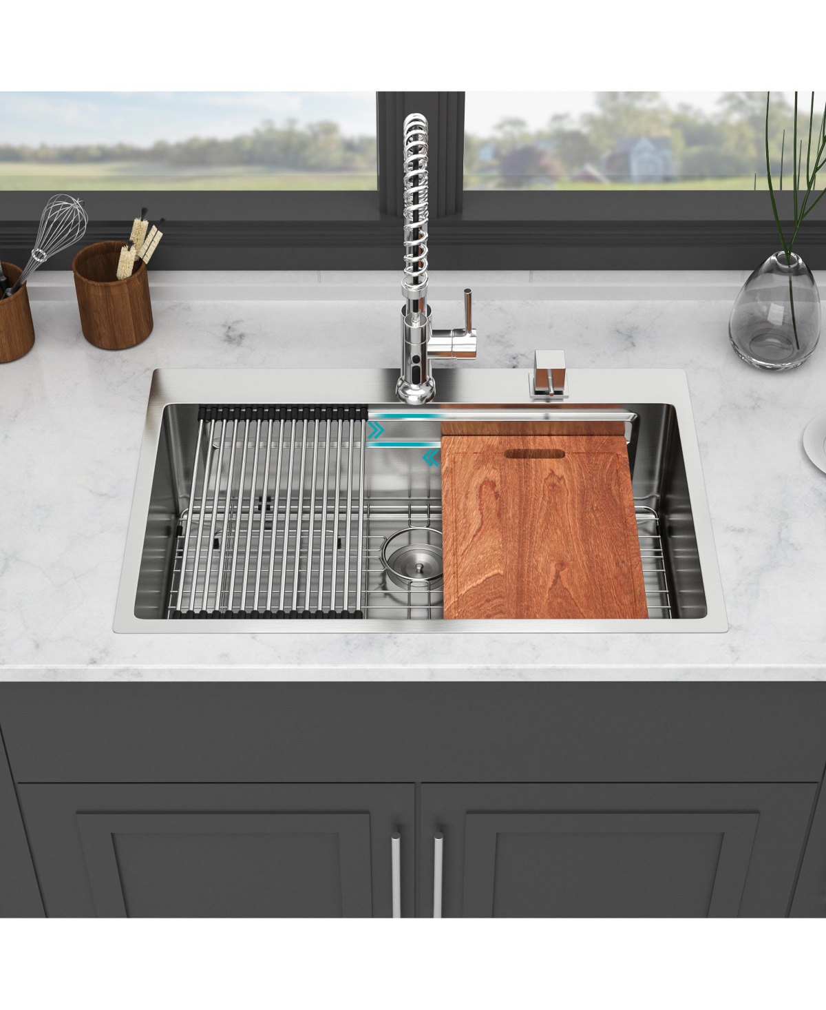 flynama huluwat 33x22x10inch Kitchen Sink Drop In Workstation Stainless Steel 16 Gauge Dual Tier Ledge