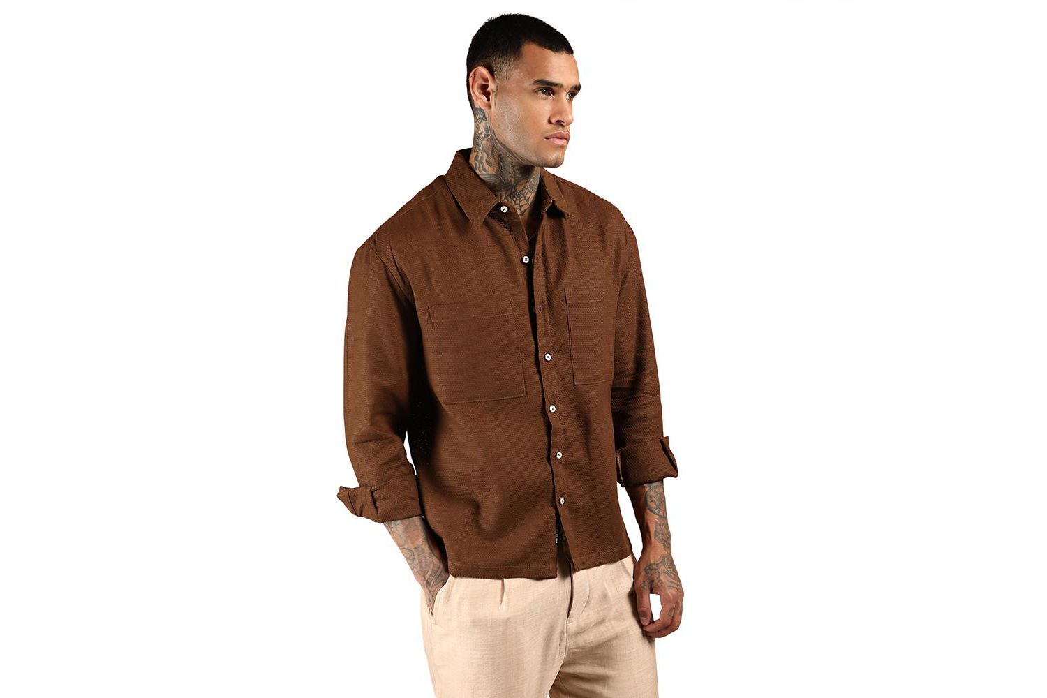 Men's Chocolate Brown Solid Canvas Utility Shirt