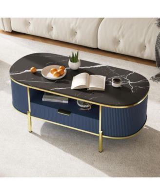48" Oval Coffee Table with Fluted Design & Faux Marble Top, Modern Luxury Center Table with Drawers for Living Room