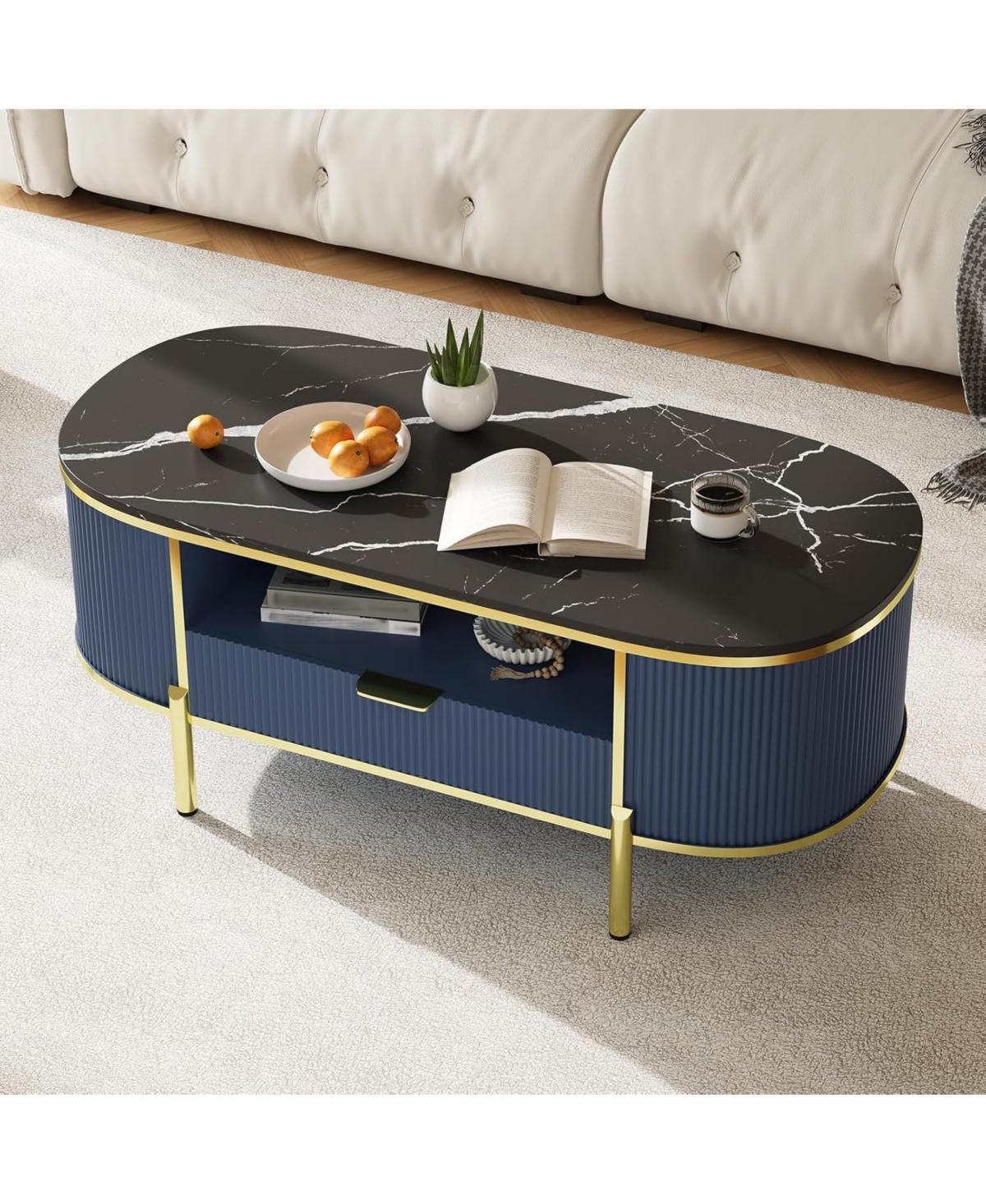 gaomon 48" Oval Coffee Table with Fluted Design & Faux Marble Top, Modern Luxury Center Drawers for Living Room