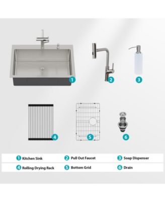 33x22x10inch Drop In Kitchen Sink with Pull Out Faucet Soap Dispenser Stainless Steel Single Bowl 16 Gauge