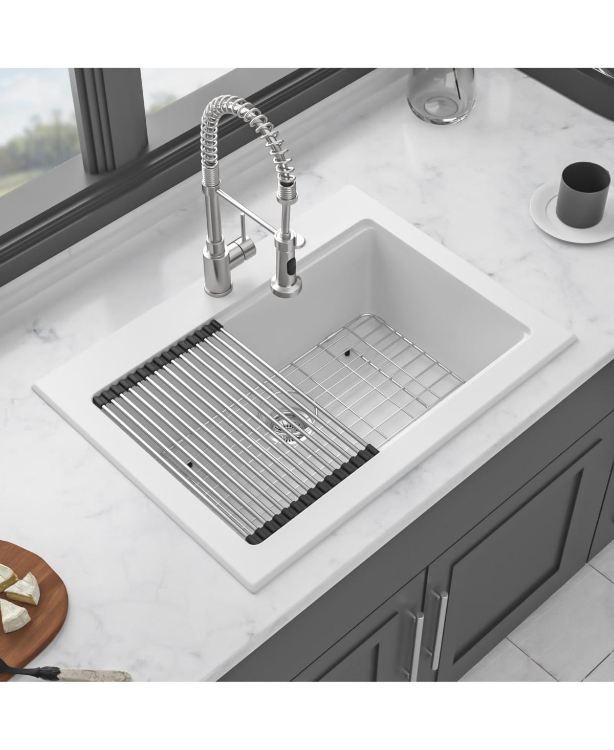 flynama 30x22x10inch White Quartz Composite Drop in Kitchen Sink Workstation Granite Deep