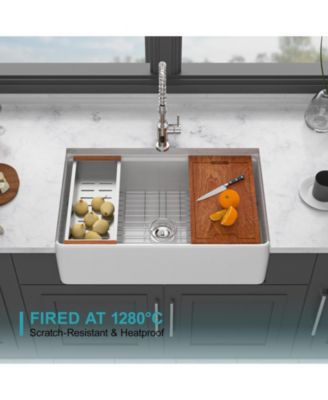 33x20x10inch White Porcelain Ceramic Single Bowl Workstation Kitchen Sink with Full Accessories