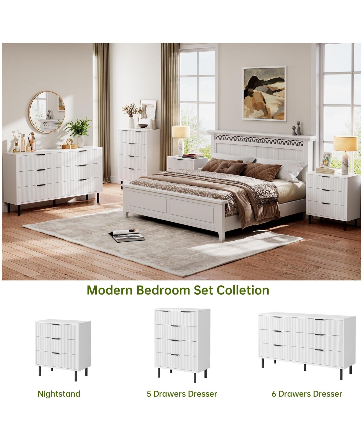 Gaomon Modern Fluted 6 Drawer Dresser for Bedroom, Wide Chest of Drawers with Metal Handles and Legs