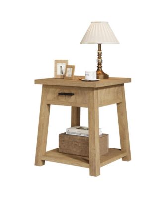 Farmhouse Square Side Table, 2 -Tier Wooden End Table with Drawer, Rustic Nightstands with Shelf Storage