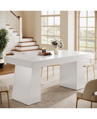 Dining Room Table for 4-6, 55-Inch Mid-Century Modern Dining Table with Double Pedstral, Rectangular Wood Kitchen Dinner Table