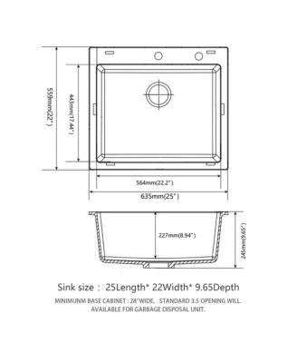 25x22x9.65inch Black Quartz Composite Kitchen Sink Drop In Single Bowl Granite