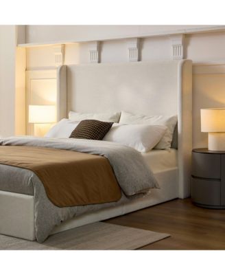 Carmen Upholstered Wingback Bed Frame with 54" Headboard, Textured Ivory Chenille