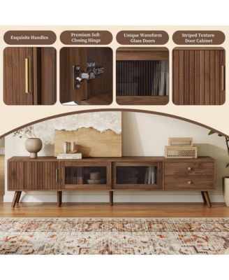 76" Storage Cabinet TV Stand with Glass-Door Media Console with Wood-Grain