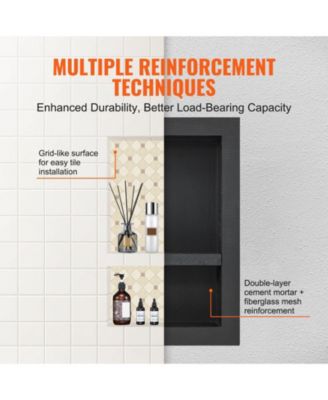 Shower Niche, Ready for Tile, 16" x 24", Double Shelf, Recessed Wall Insert, Sealed Waterproof, Square Corners, Black