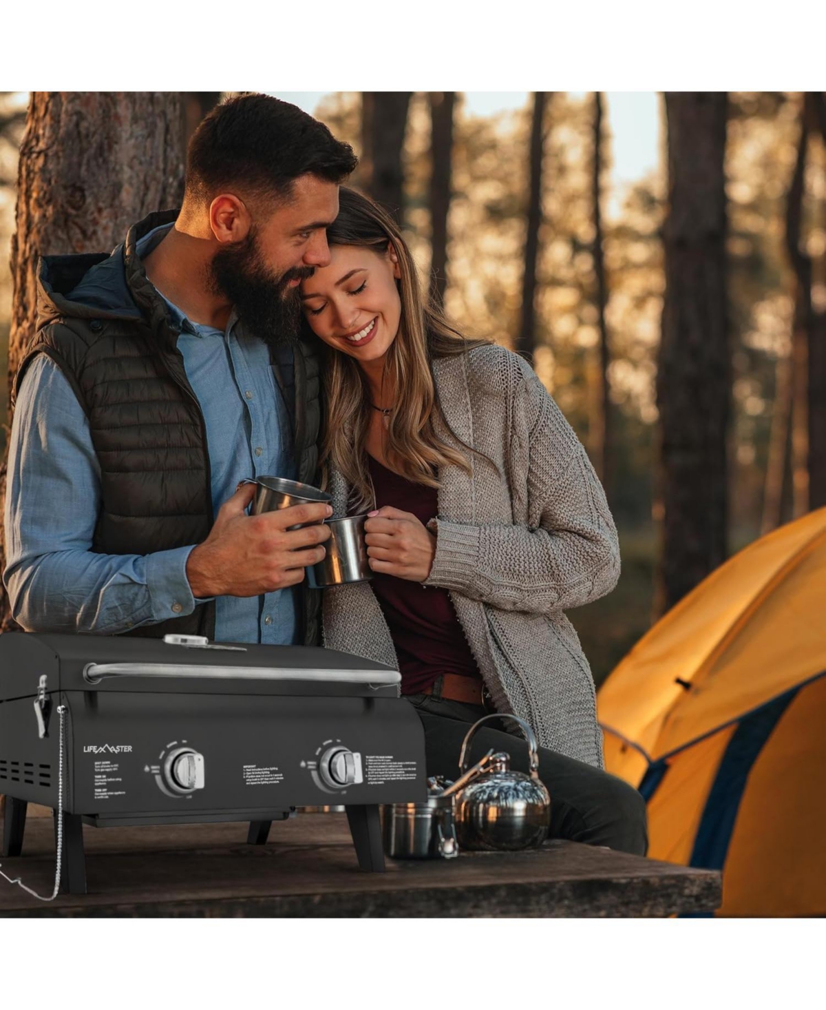 Lifemaster Portable 2-Burner Propane Gas Grill, Stainless Steel Tabletop Bbq with Foldable Legs, Wind-Resistant Lid, Easy-Clean, Camping