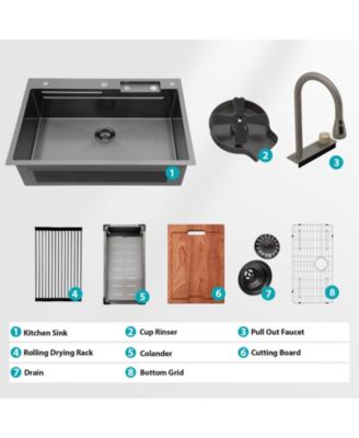 33x22x10inch Gunmetal Black Waterfall Kitchen Sink Drop In Stainless Steel Workstation