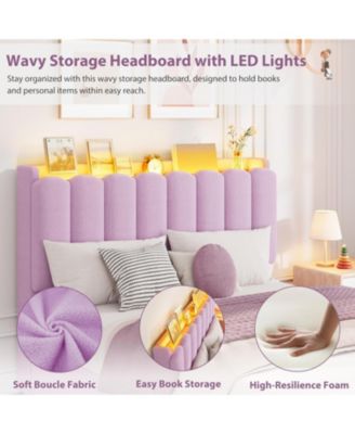 LED Twin XL Bed Frame with Storage Headboard, Boucle Upholstered Kids Bed with 2 Drawers, Wavy Bookcase Headboard - Full