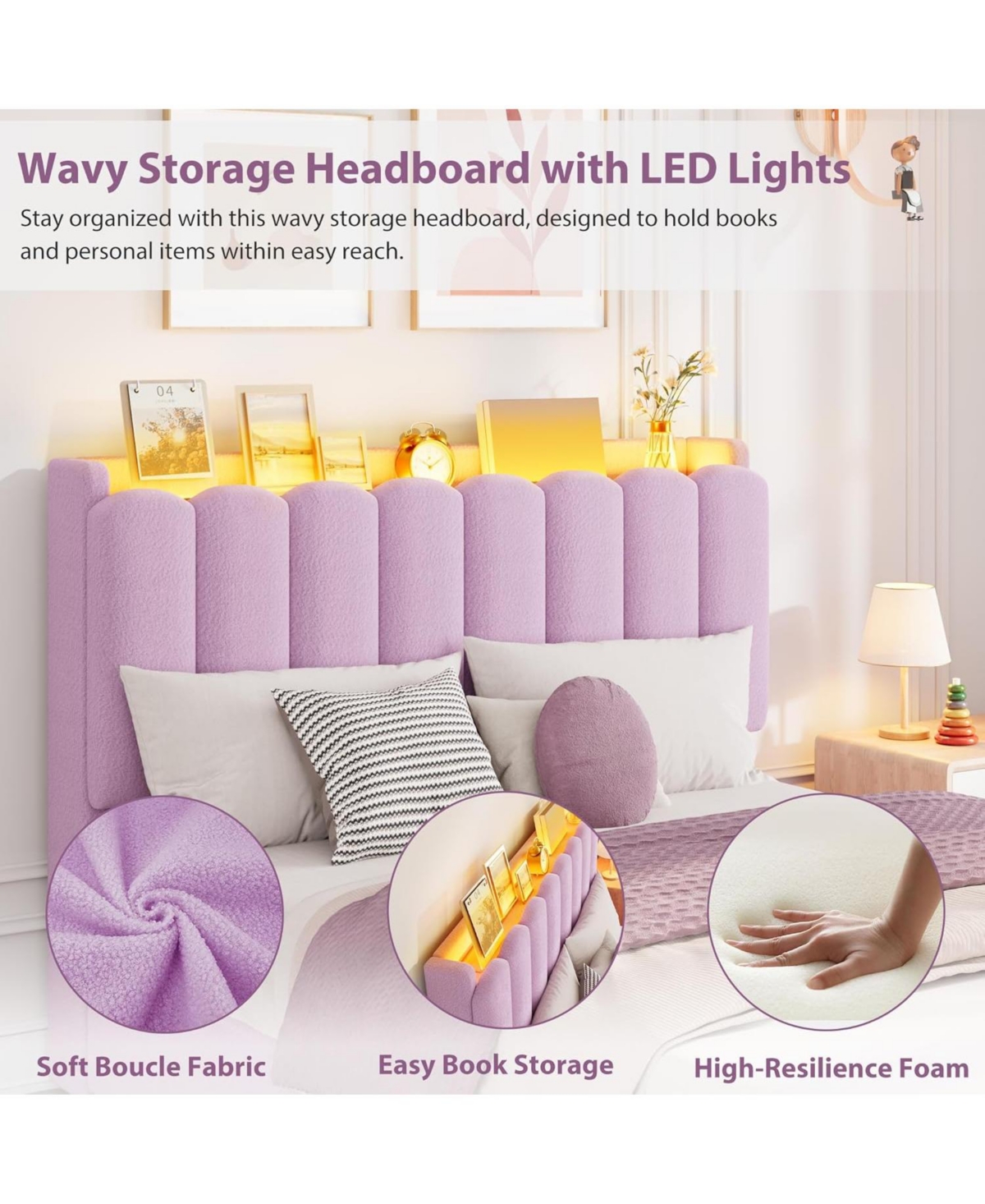 gaomon Led Twin Xl Bed Frame with Storage Headboard, Boucle Upholstered Kids 2 Drawers
