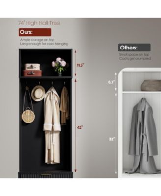 74" Hall Tree with Bench and Storage, Entryway Coat Rack with Shoe Bench and Hooks, Metal Legs